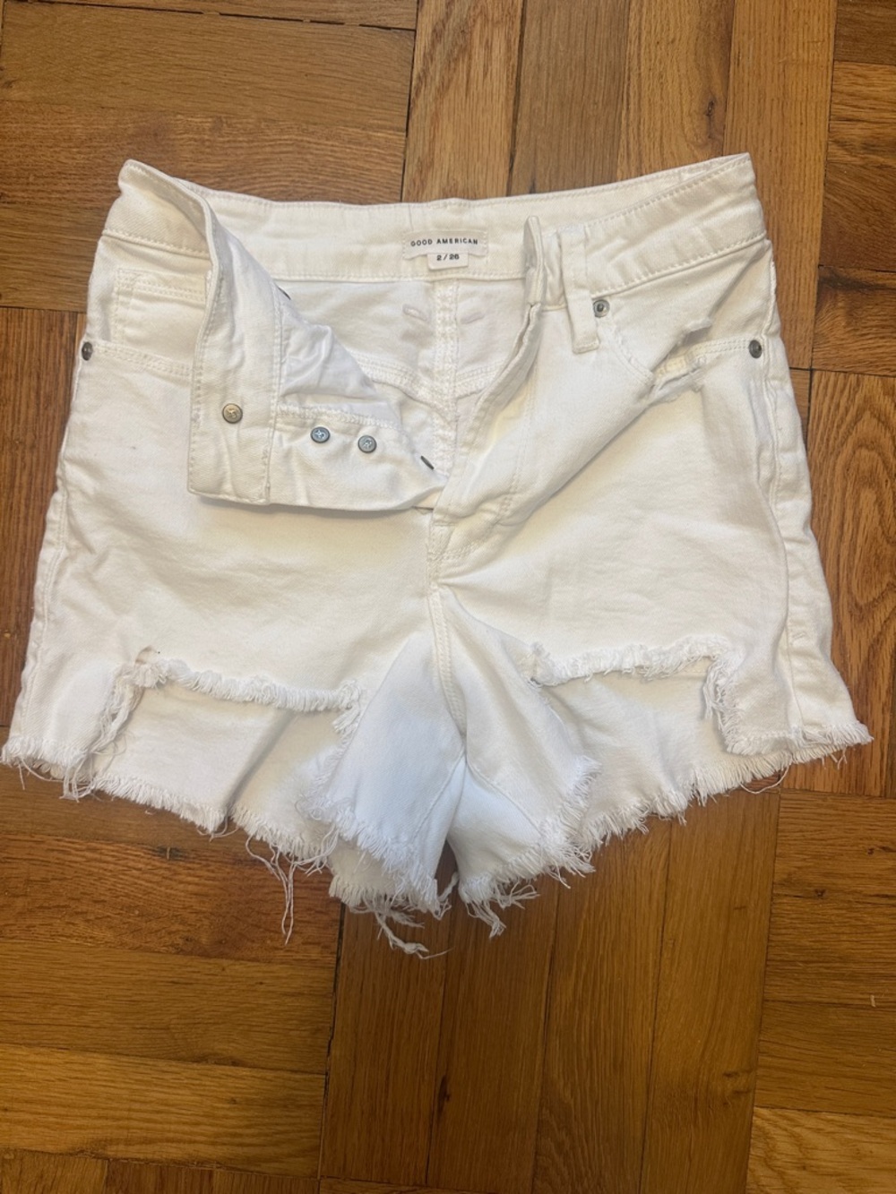Good American White High-Rise Frayed Denim Shorts